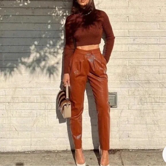 Camila Coelho Filomena Pant in Cognac size Large Women’s Faux Leather Lined - Picture 2 of 13